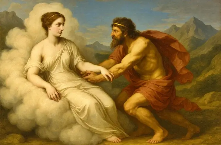 İksion ve Nephele sahnesini betimleyen klasik bir tablo; bulutlar arasında oturan kadın figür (Nephele) ile ona yönelen erkek figür (İksion) dağlık bir manzara önünde görülüyor.